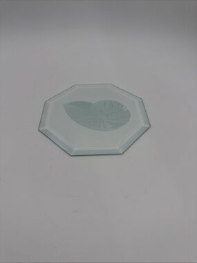 Octagon Clear Green Glass Beveled Display Frosted Nautilus Shell 7” X 7” Vintage